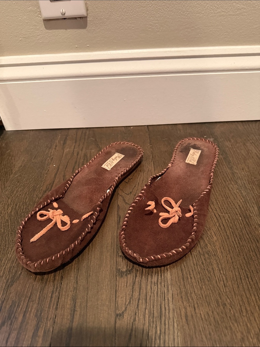 Women's Brown Suede Slip-On Mules with Pink Bow Accent